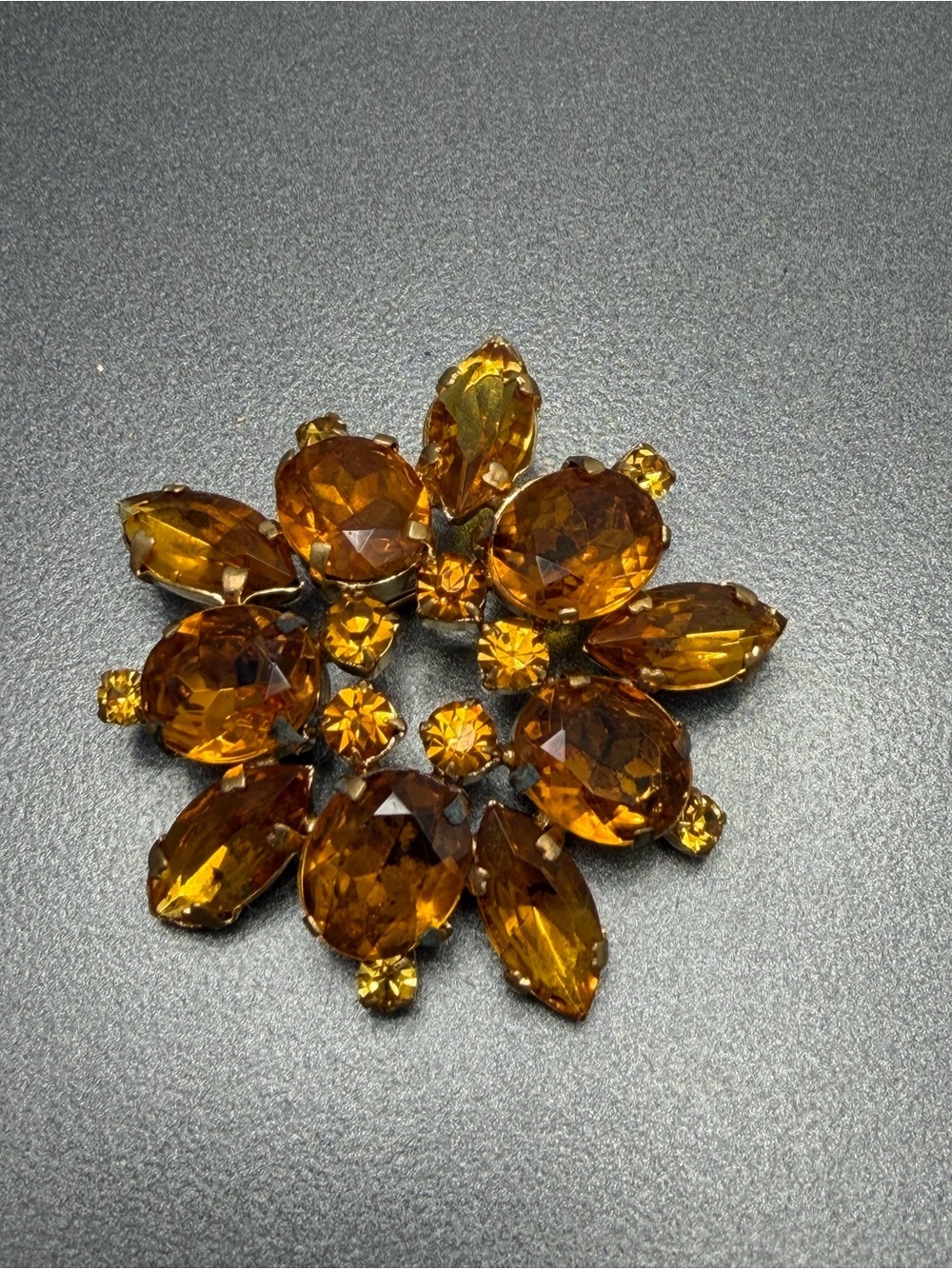 Vintage Amber Rhinestone  Floral Brooch #cz129
